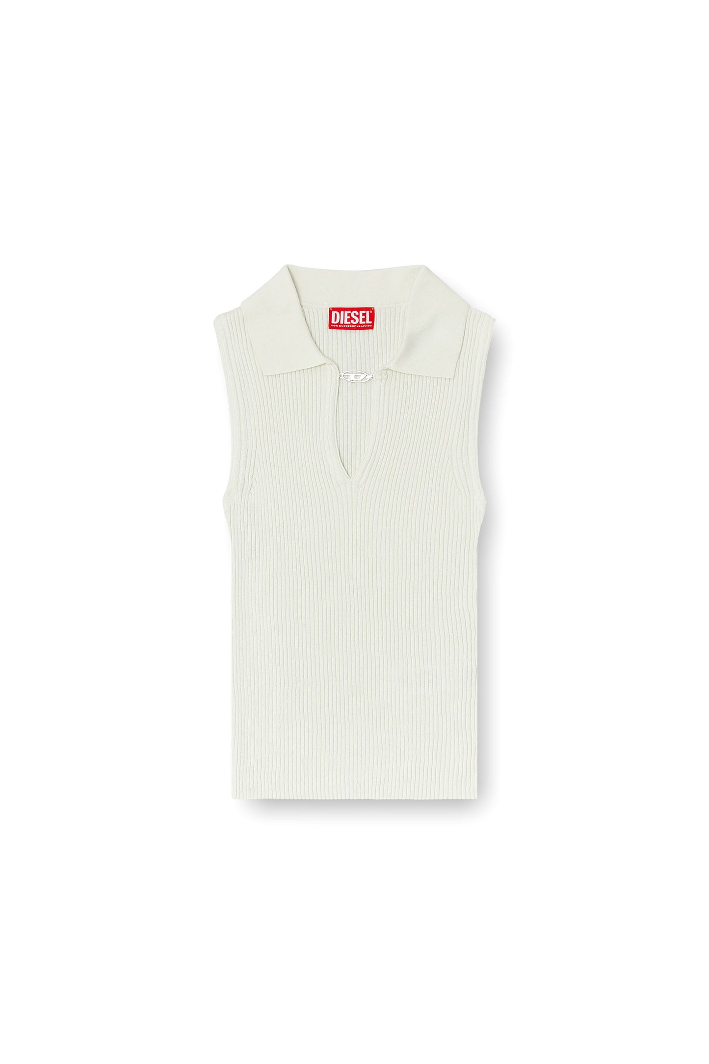 Sleeveless rib-knit polo top in silk blend