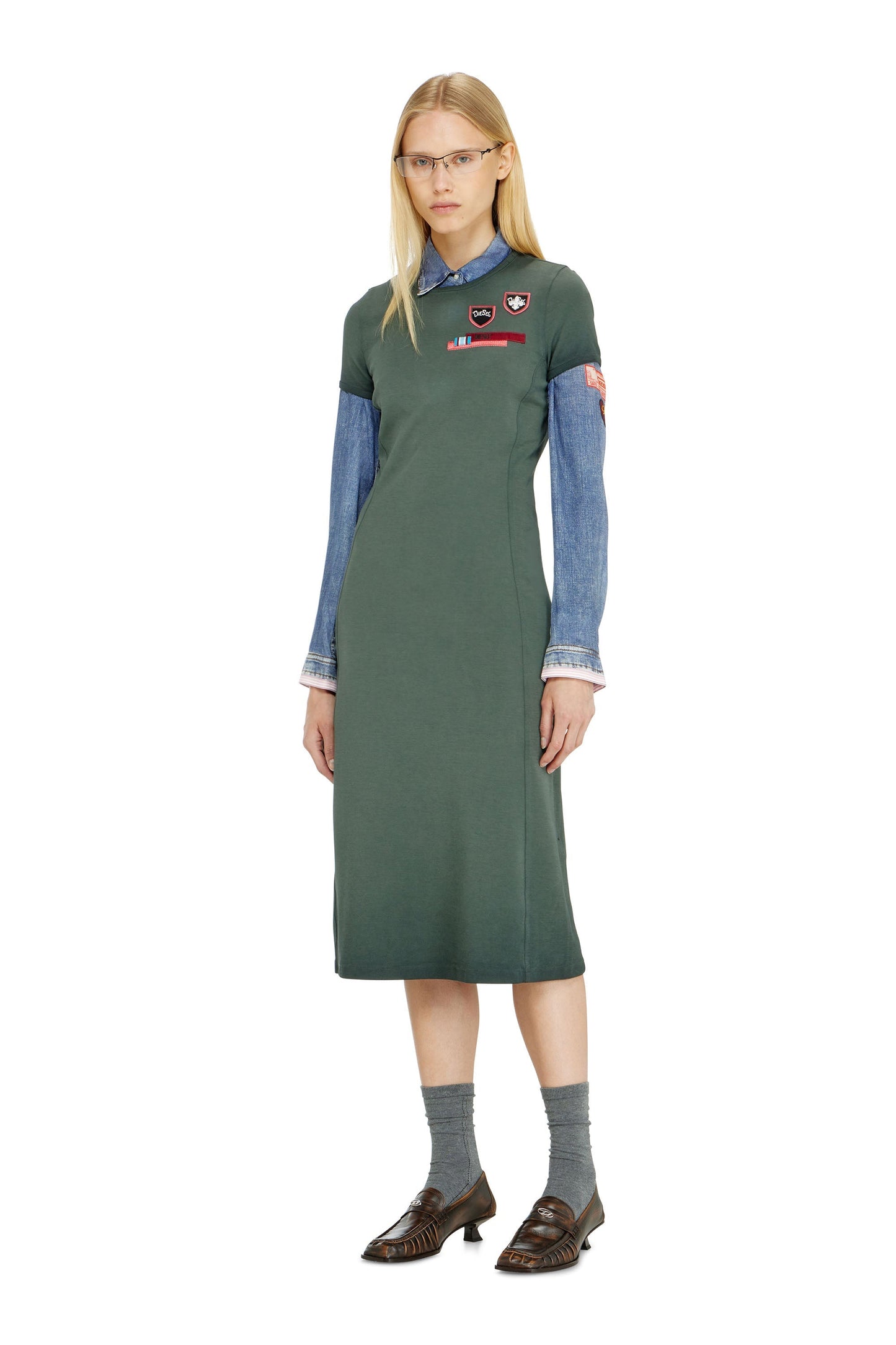 Midi dress in stretch interlock with patches