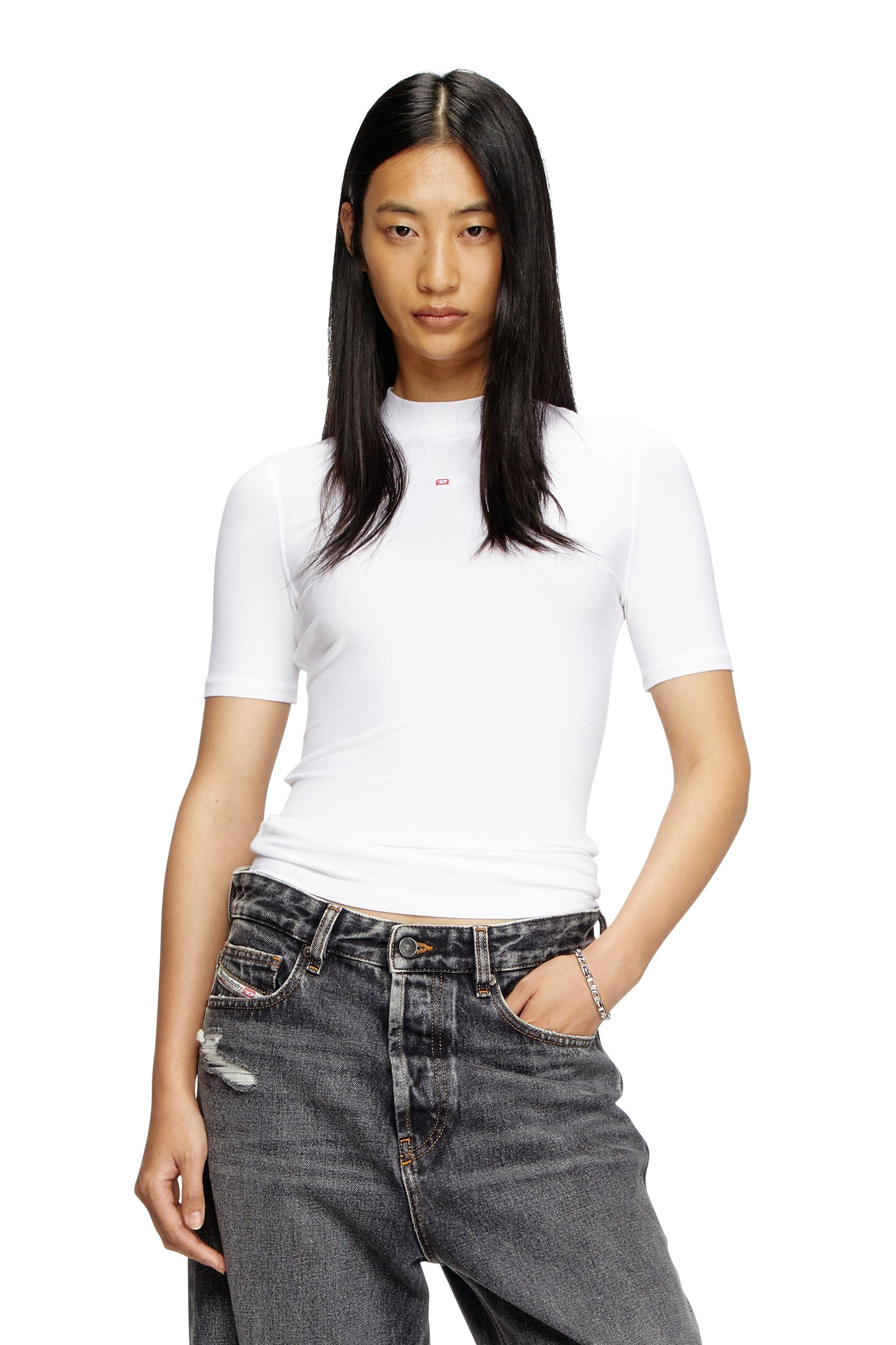 Ribbed T-shirt with mock neck