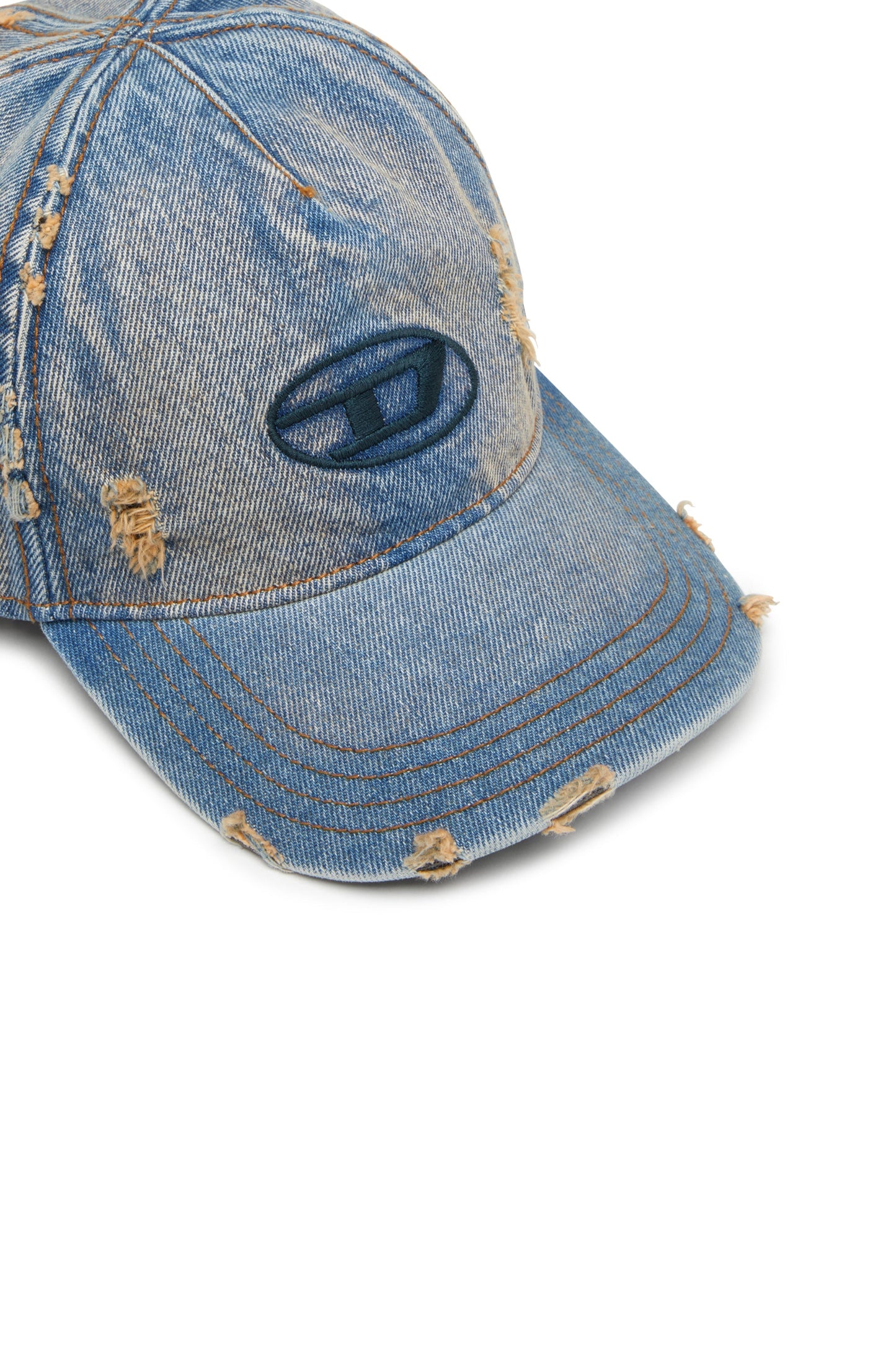 Denim cap with frayed details and embroidered logo