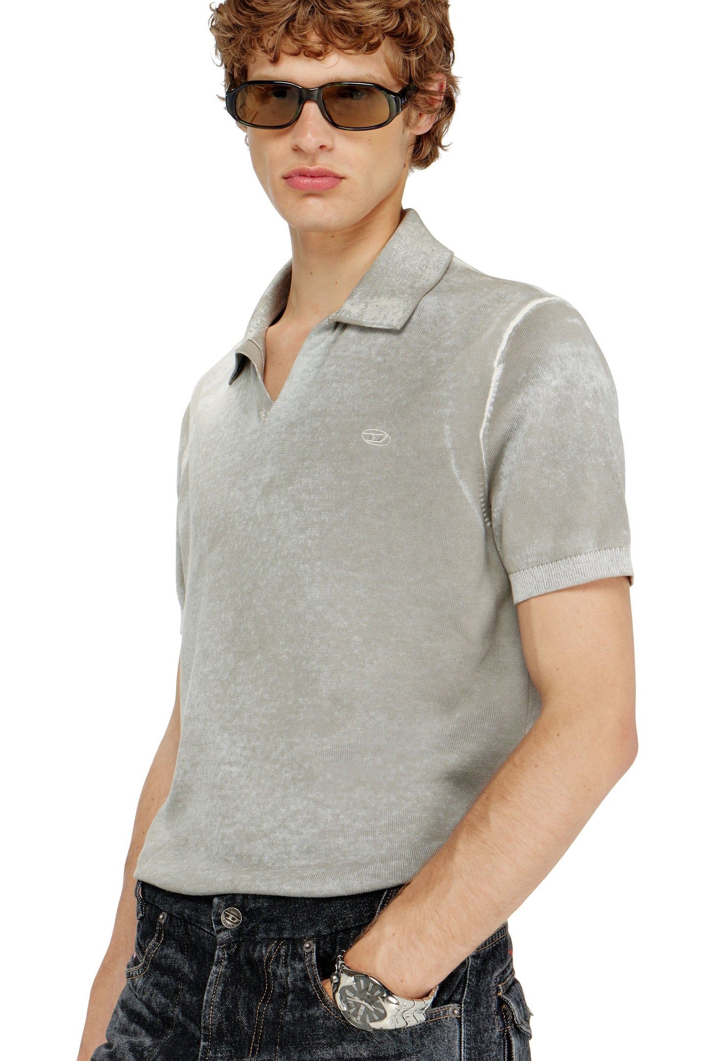 Knit polo shirt with faded reverse print