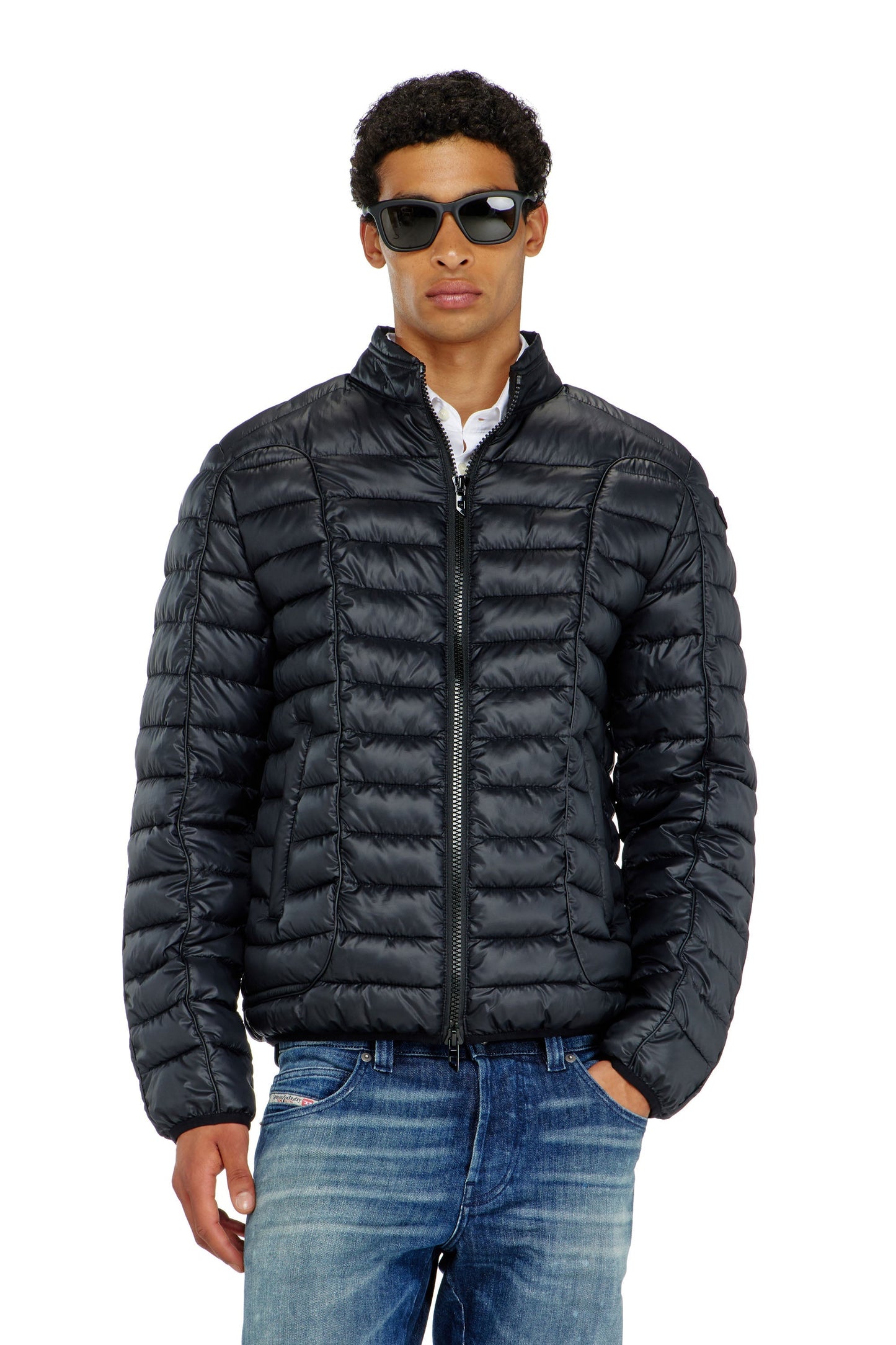 Biker-style puffer jacket with tonal piping