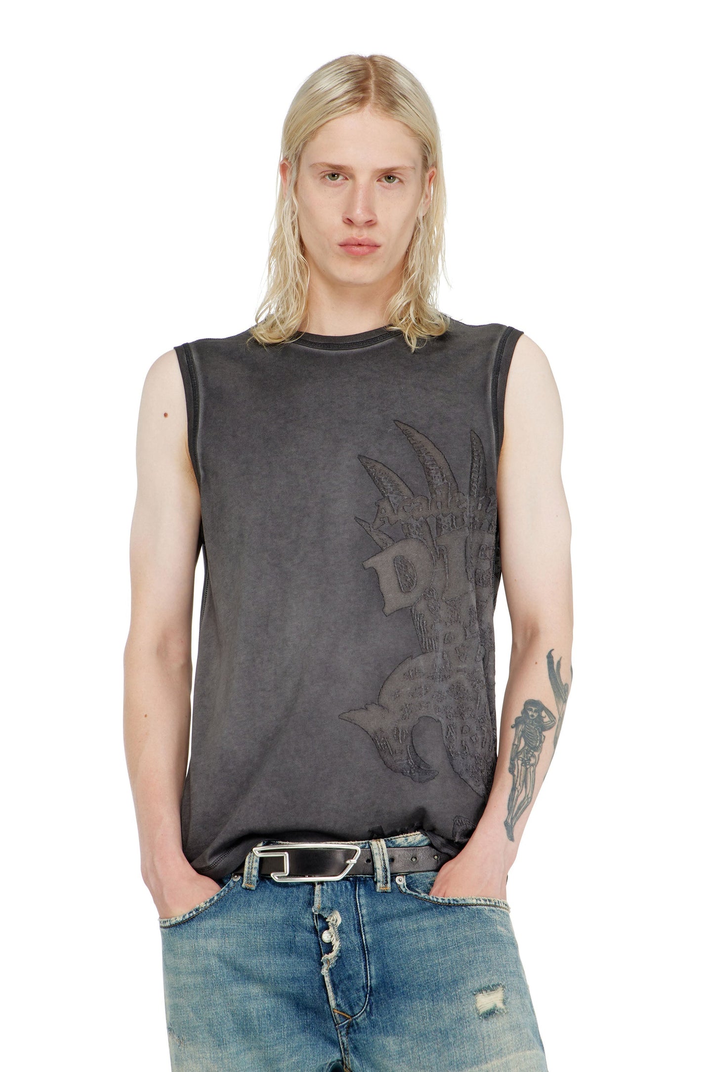 Sleeveless jersey top with embossed graphics