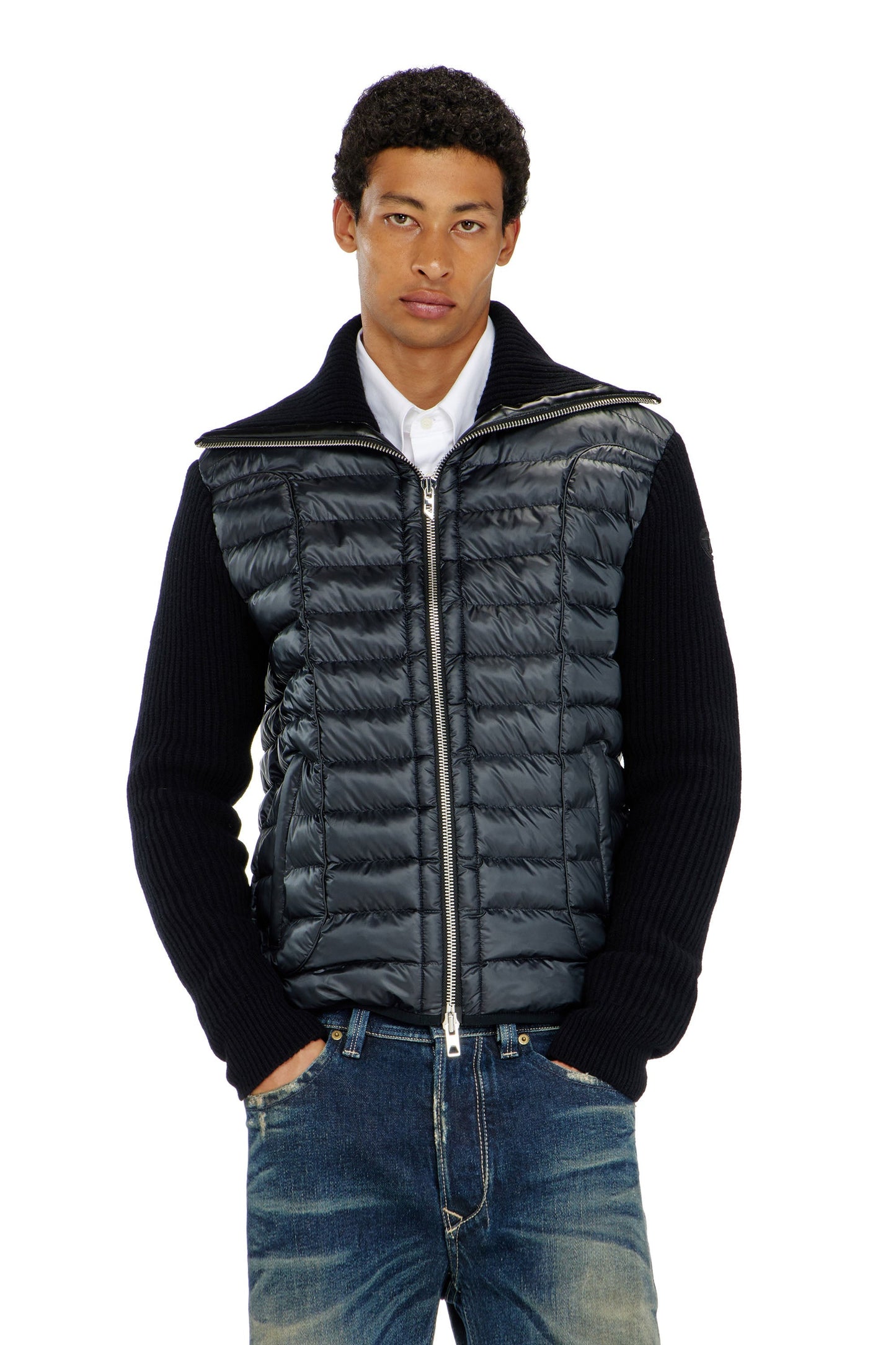 Quilted jacket with ribbed knit sleeves