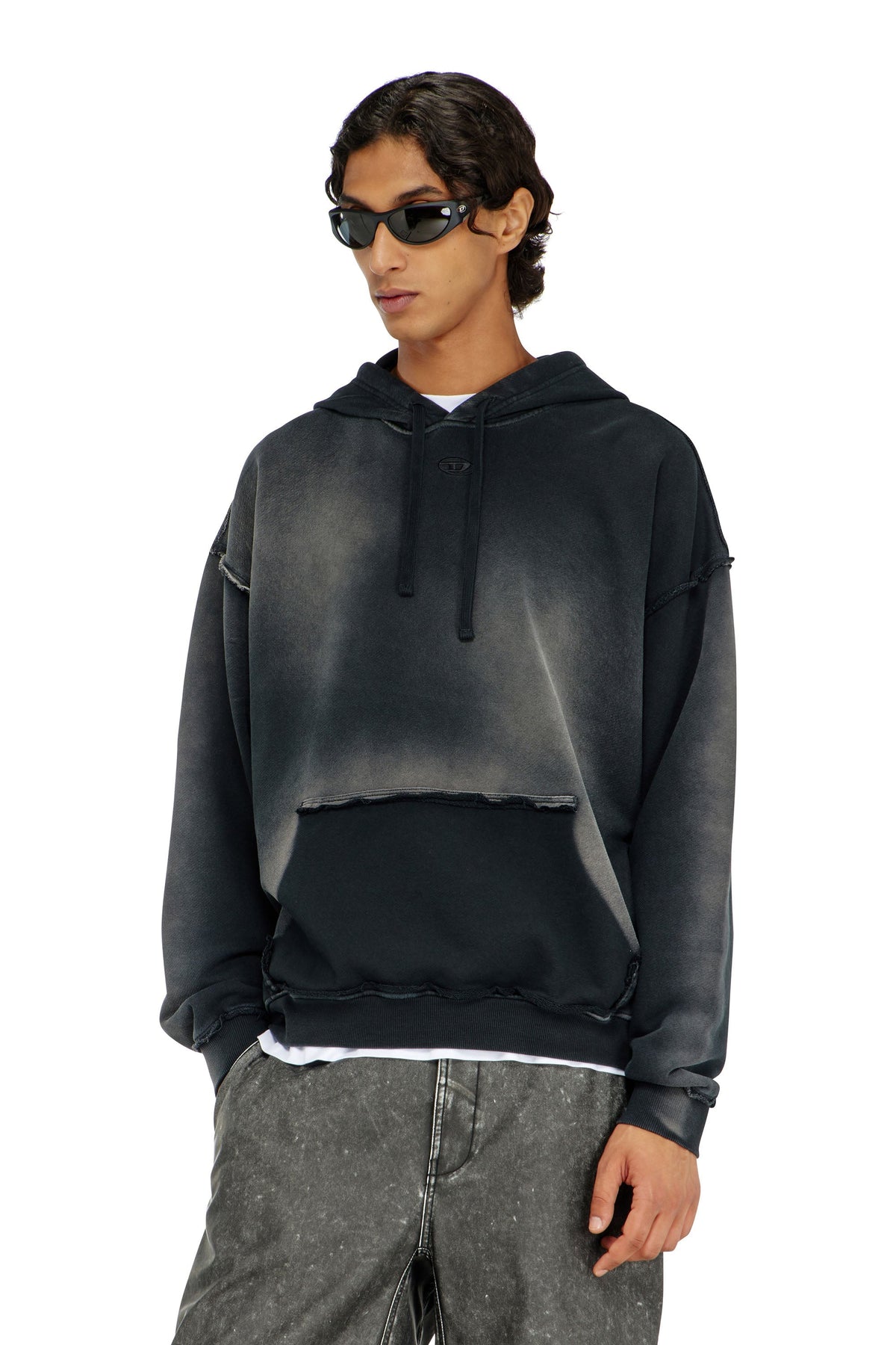 Faded cotton hoodie with frayed details