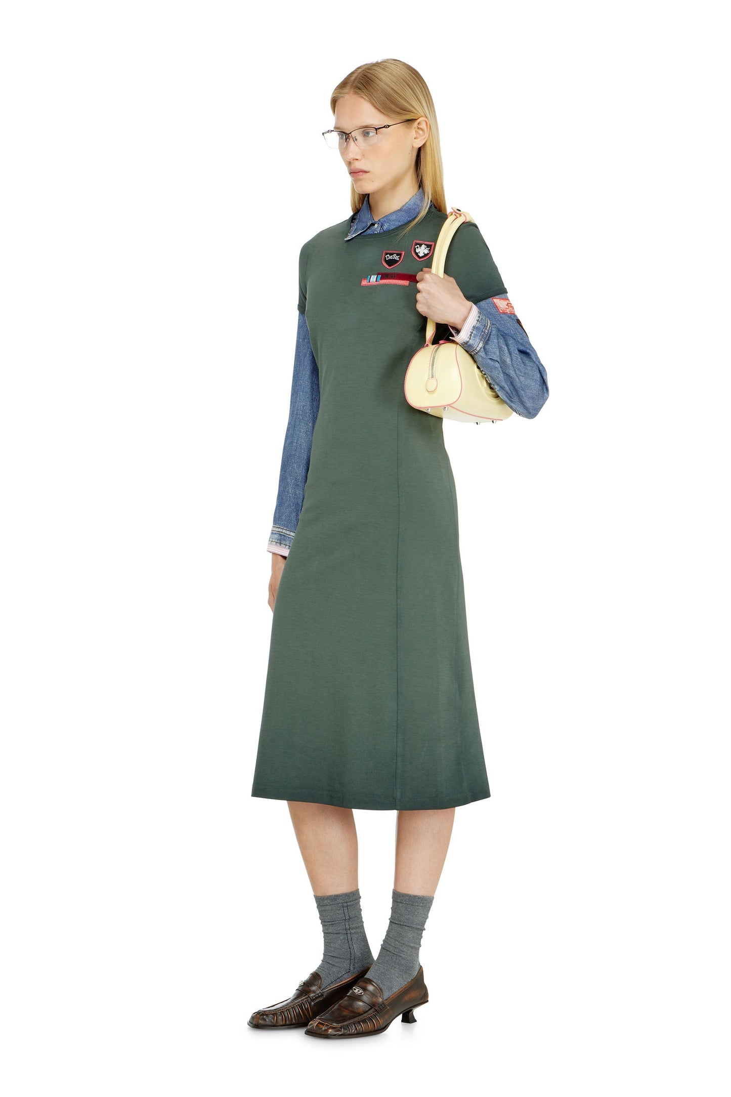 Midi dress in stretch interlock with patches
