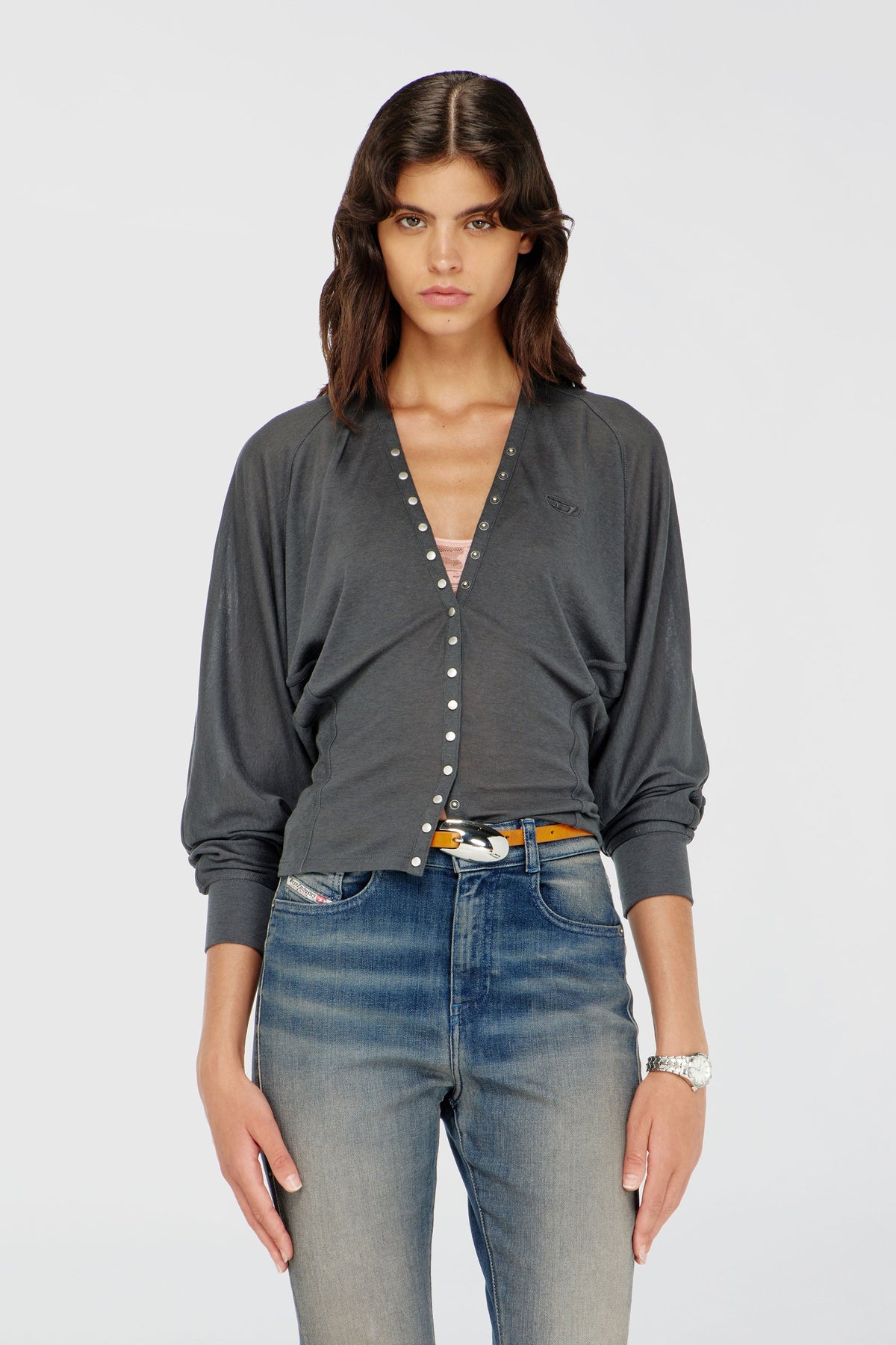 Tencel-blend cardigan top with batwing sleeves