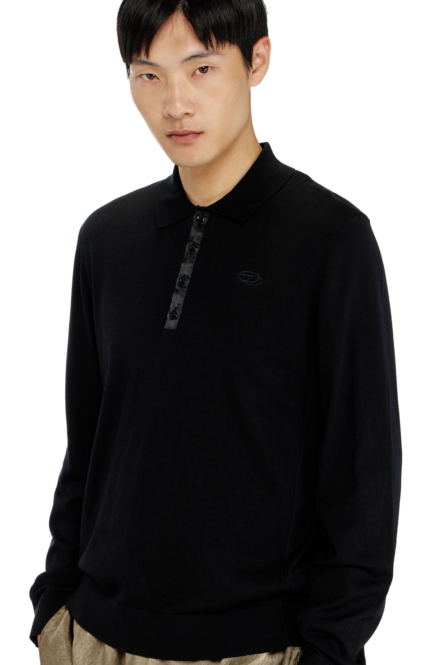 Silk-blend polo jumper with satin placket