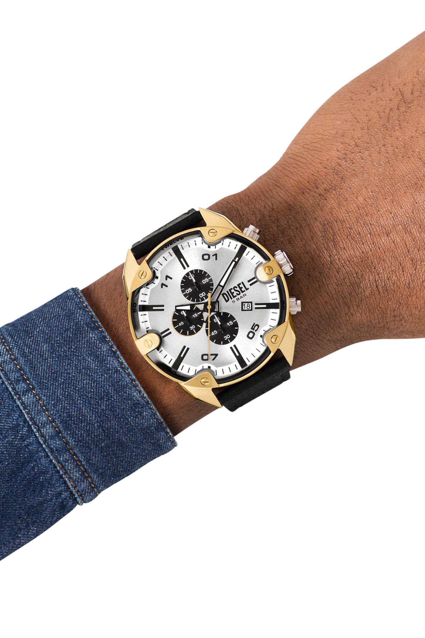 Spiked Chronograph Black Leather Watch