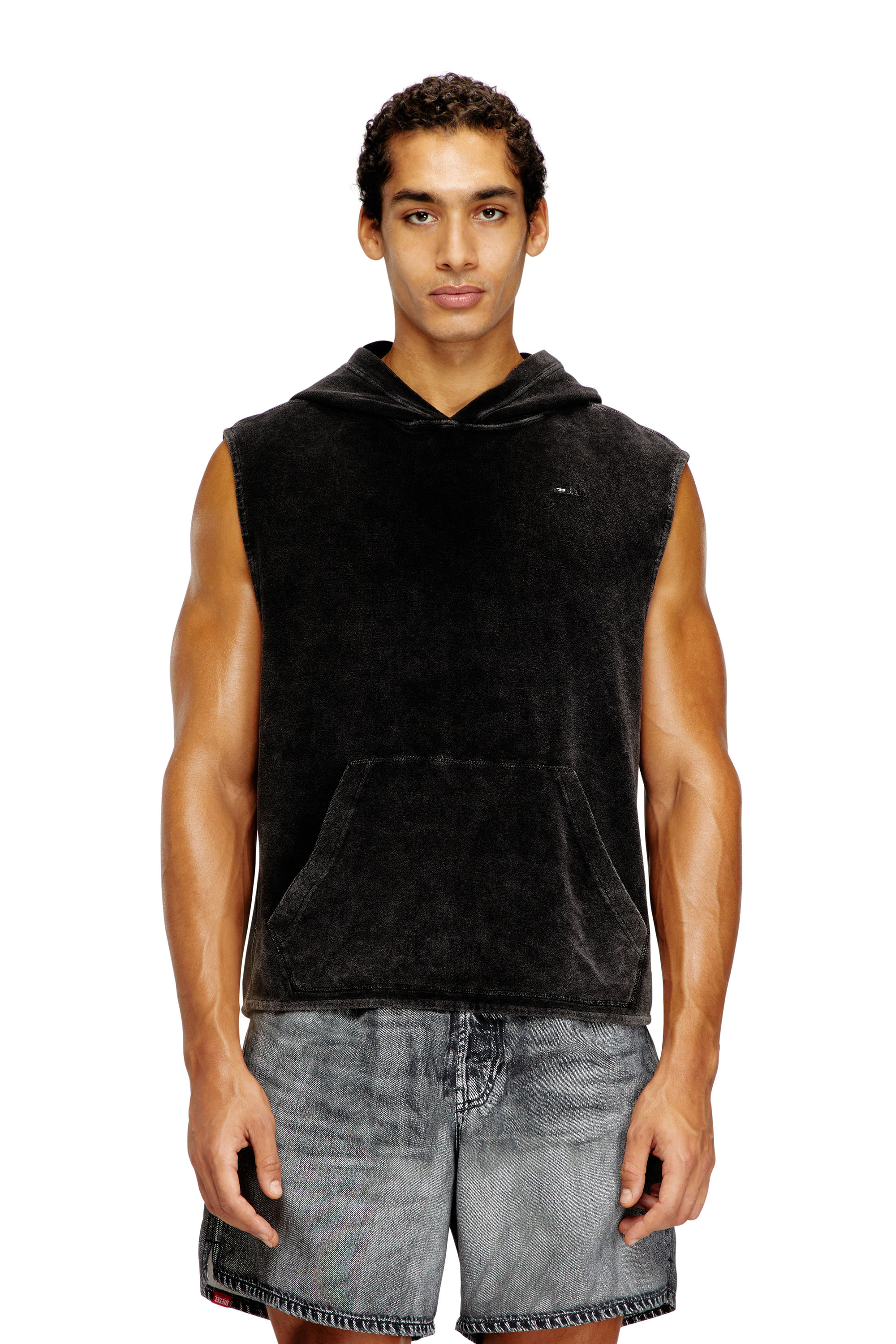

Sleeveless hoodie with denim effect