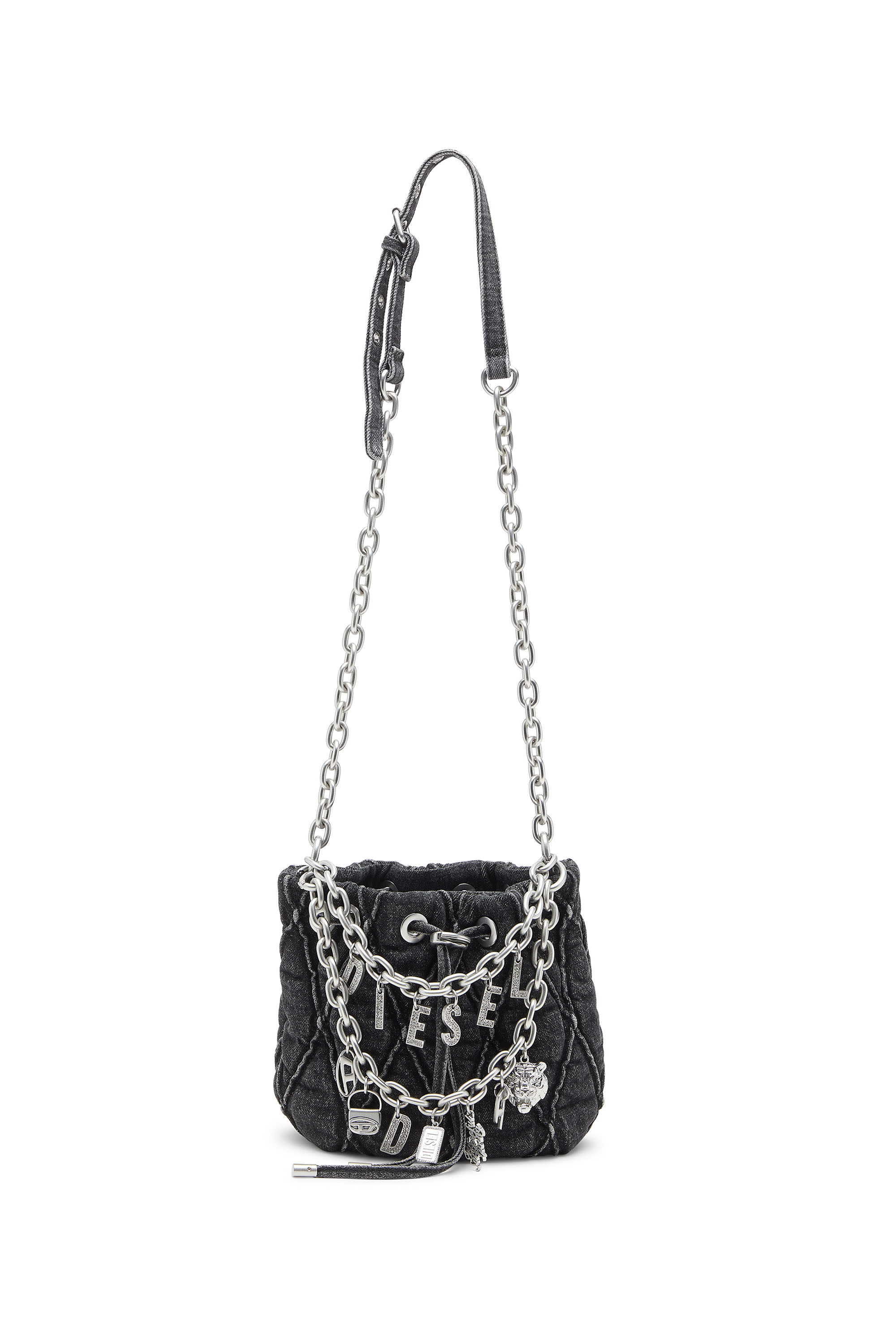 

Quilted-denim bucket bag with chain charms